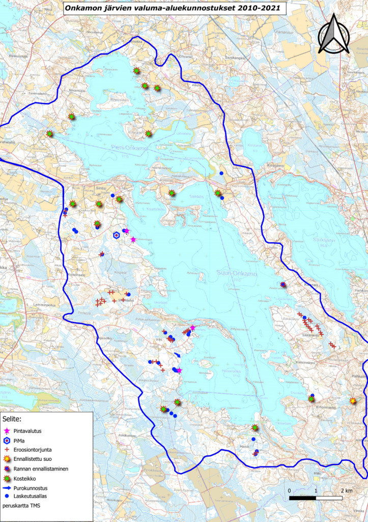 Onkamoilla toteutettujen kunnostuksien koontikartta. 